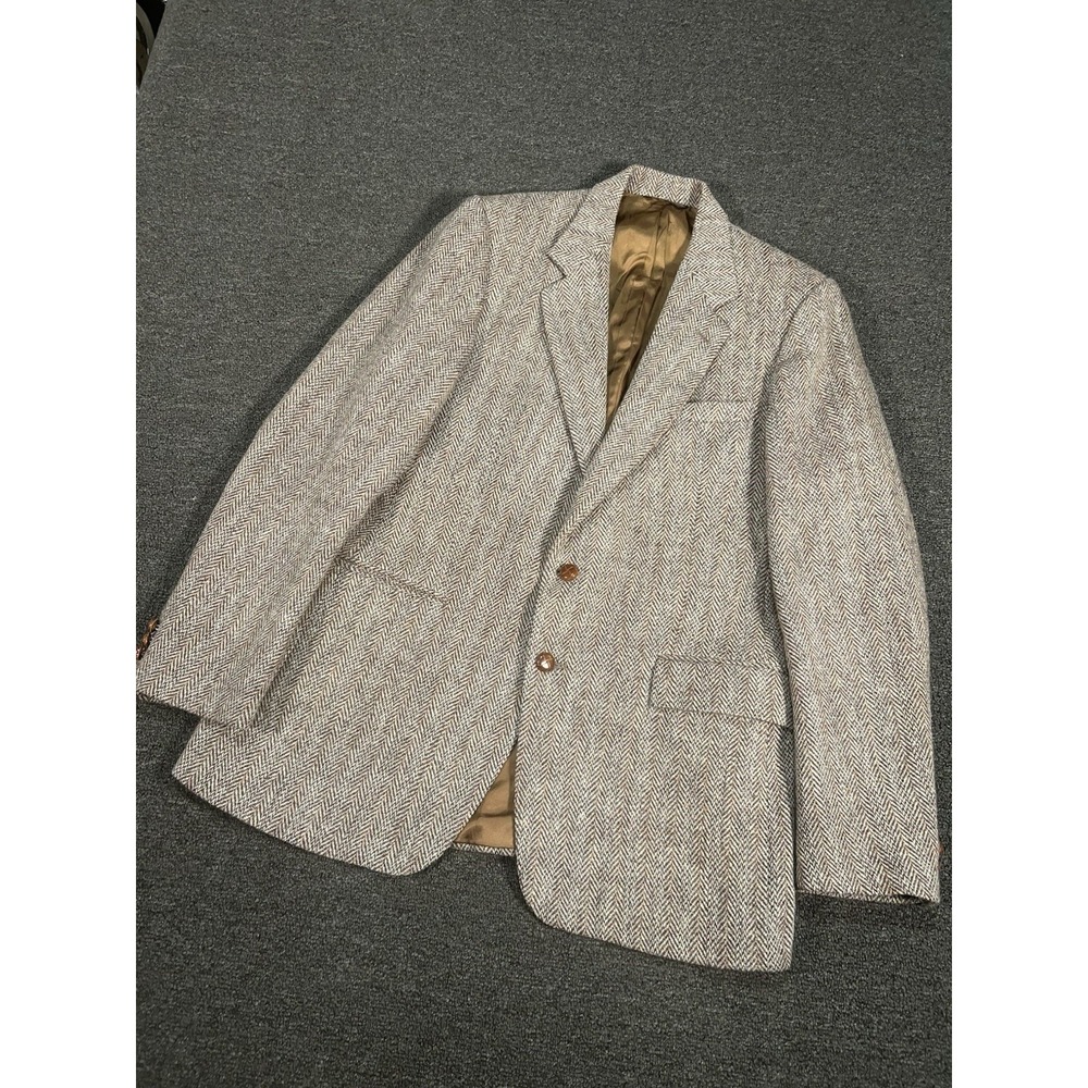 Vintage Harris Tweed Blazer Jacket Men's 42R Beige Herringbone Scottish Wool